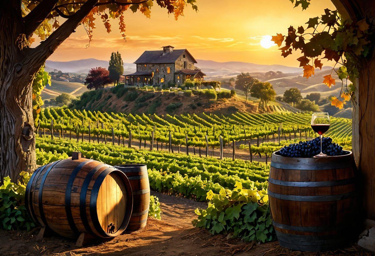 A scenic vineyard under a golden sunset, showcasing lush grapevines heavy with ripe grapes, an aged oak wine barrel in the foreground, and a glass of red wine reflecting the sunlight. In the background, a rustic winery with charming architecture adds historical context, surrounded by rolling hills of grapevines. super-realistic. vibrant colors. warm tones.