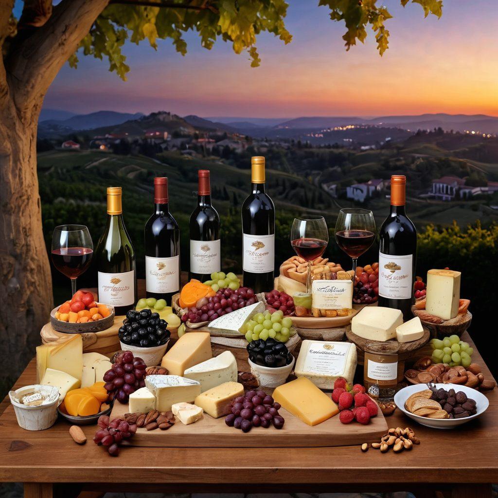 A beautifully arranged wine table featuring various wine bottles with elegant labels, surrounded by a variety of gourmet foods like cheeses, fruits, and chocolates. Soft candlelight creates a warm ambiance, complemented by a scenic vineyard view in the background. Include a subtle celebration element, like a toast with sparkling glasses. A luxurious yet inviting atmosphere. super-realistic. vibrant colors. warm lighting.