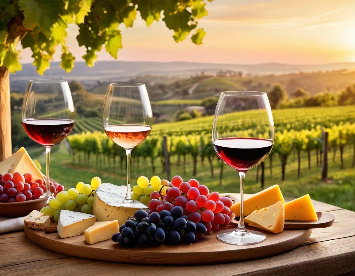 A beautifully arranged wine tasting scene featuring various wine glasses filled with a spectrum of red, white, and rosé wines, surrounded by vibrant grapes and a cheese platter. In the background, a cozy vineyard landscape with rolling hills under a golden sunset. Include informational elements like wine tasting notes floating in the air, and a knowledgeable sommelier guiding the tasting process. Artistic style: super-realistic, vibrant colors.